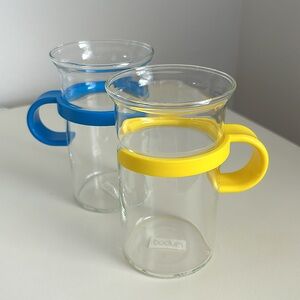 Vintage Bodum Tall Tea Coffee Glasses with blue and yellow holders Danish Design